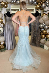 Light Blue Floral Appliqued V-Neck Lace-Up Long Gown