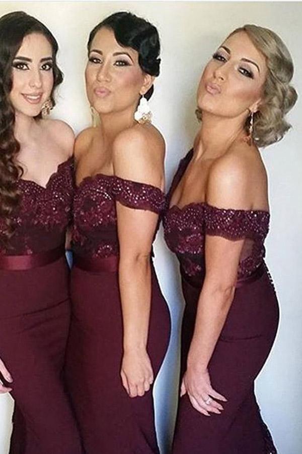 Navy Blue Mermaid Off-the-Shoulder Bridesmaid/Prom Dress, Sweep Train
