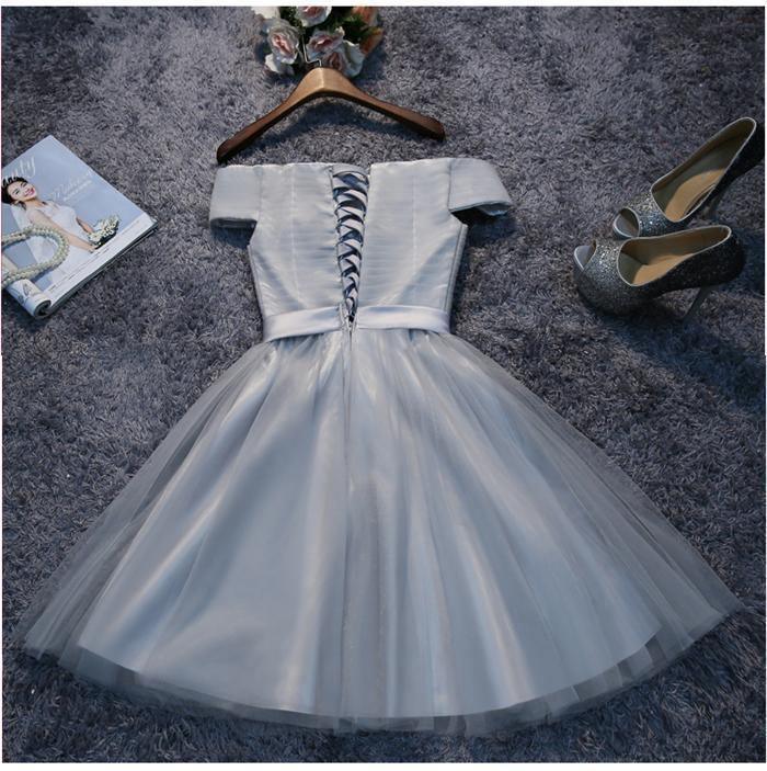 Off Shoulder Grey Tulle Short Prom Dress Homecoming Dress