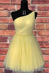 One Shoulder Yellow Chic Tulle Homecoming Dress Cute Graduation Dress