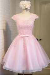 Pink Lace Short Tulle Homecoming Dress with Cap Sleeves Party Dress