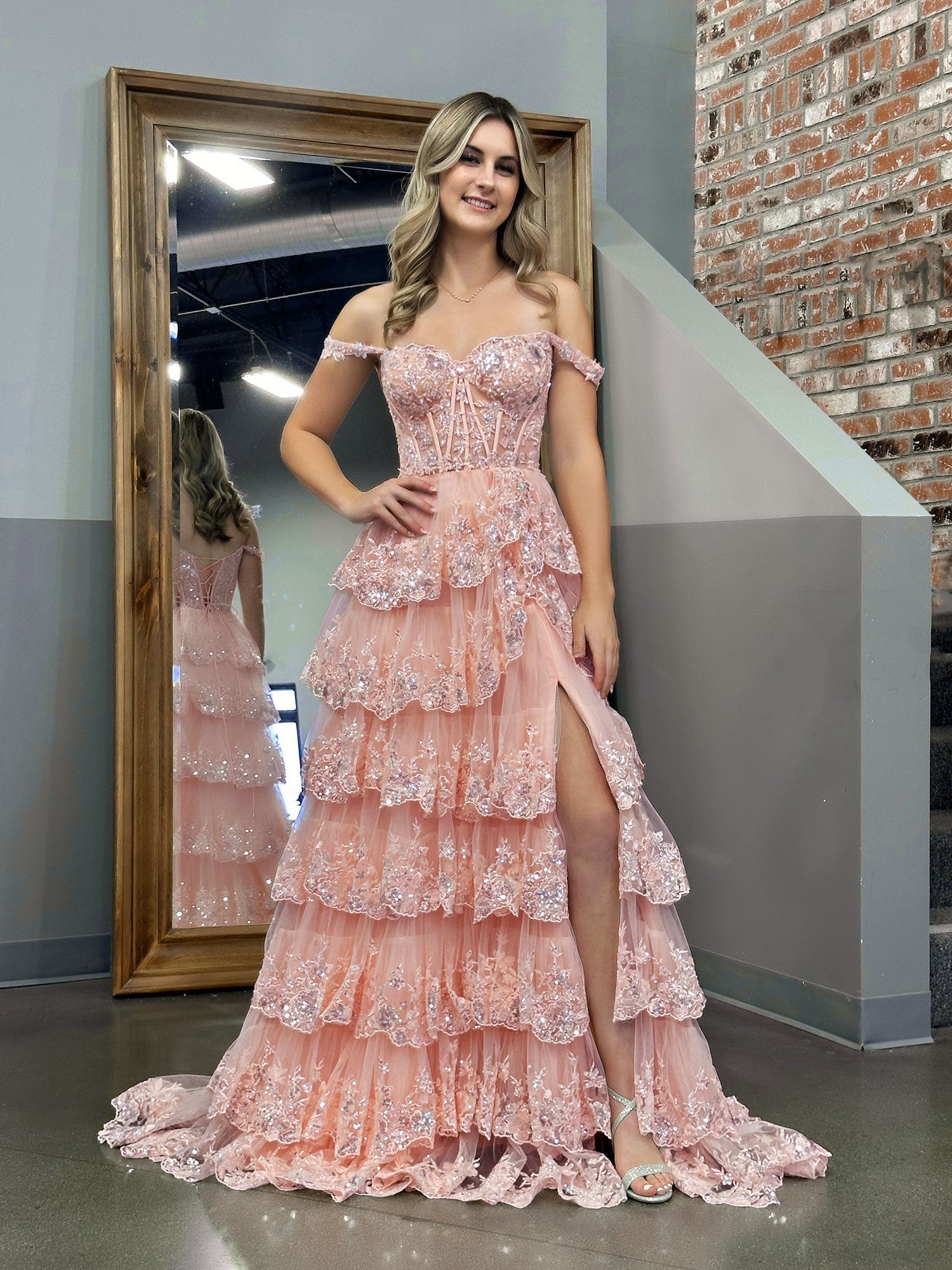 Cute Pink Princess A Line Off the Shoulder Corset Prom Dress with Lace Ruffles