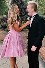 Pink V-Neck Pleated Satin Short Homecoming Dress with Pockets