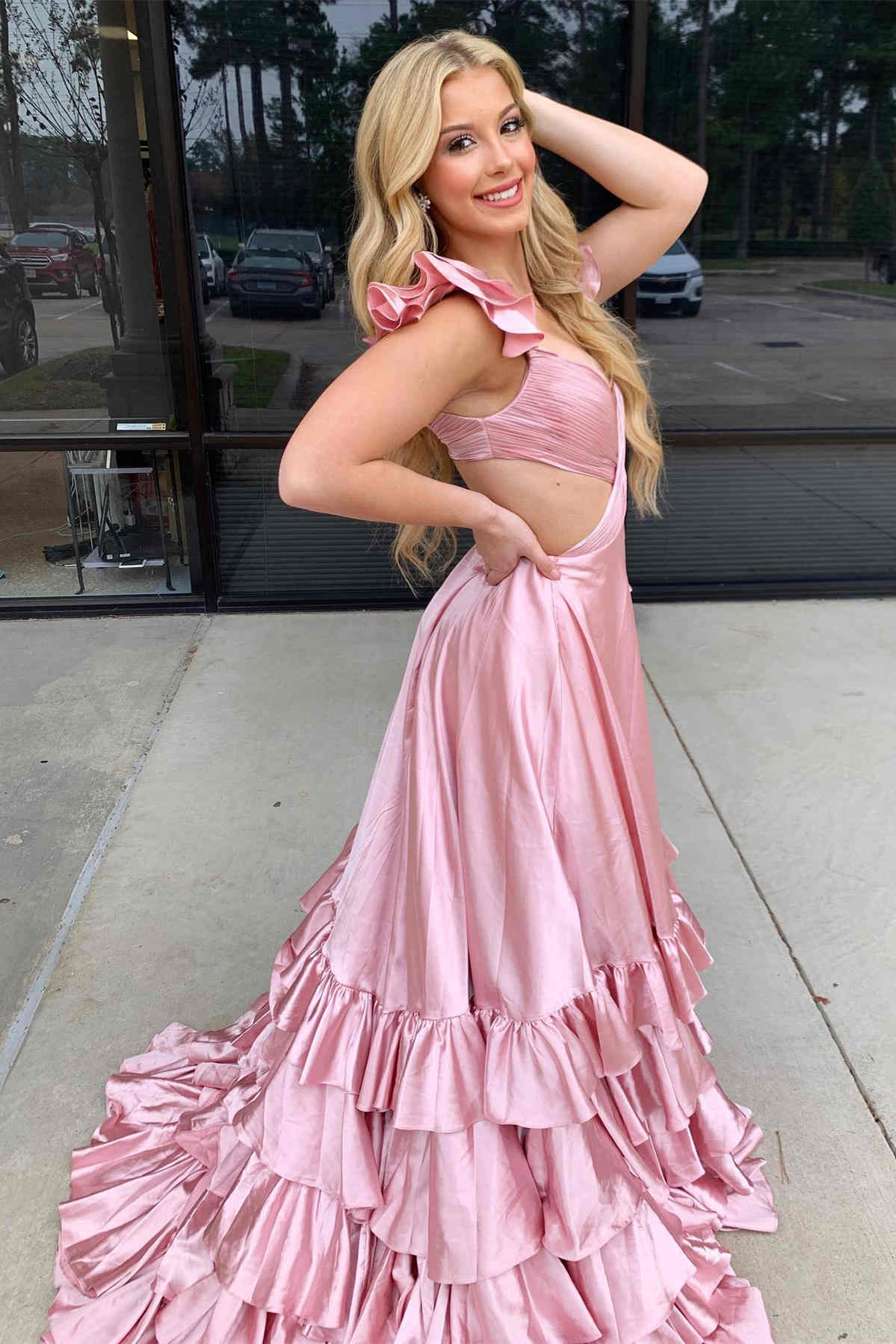 Red Cutout Ruffle A-Line Long Prom Dress with Slit