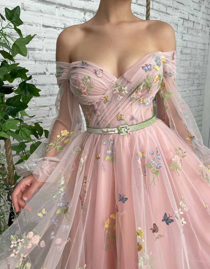 A-line Light Cute Pink Embroidery Off the Shoulder Prom Dress