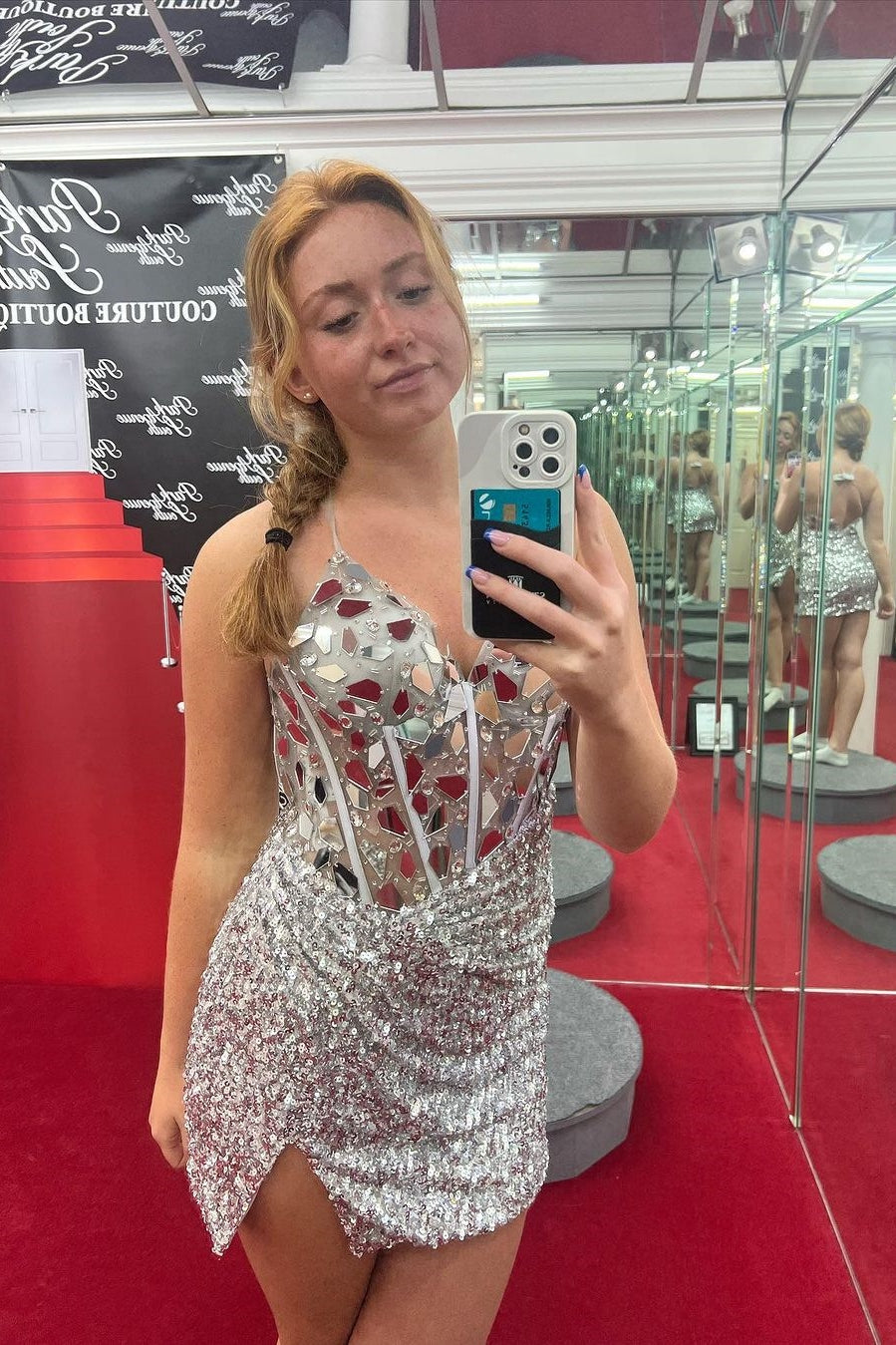 Red Mirror-Cut Sequins Halter Bodycorn V Neck Homecoming Dress