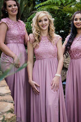 Chiffon Round Neck Cap Sleeves Bridesmaid Dress with Lace