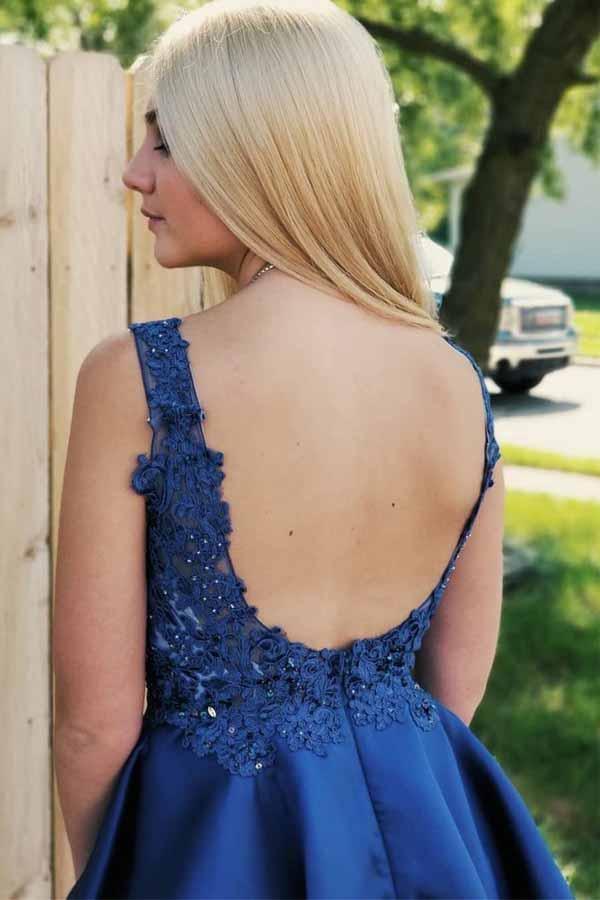 Royal Blue Lace Applique Backless Short Prom Dress Homecoming Dress