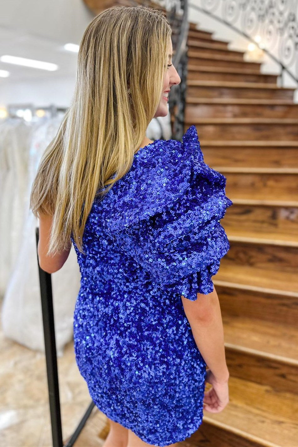 Bodycorn Royal Blue Sequin One-Shoulder Short Homecoming Dress