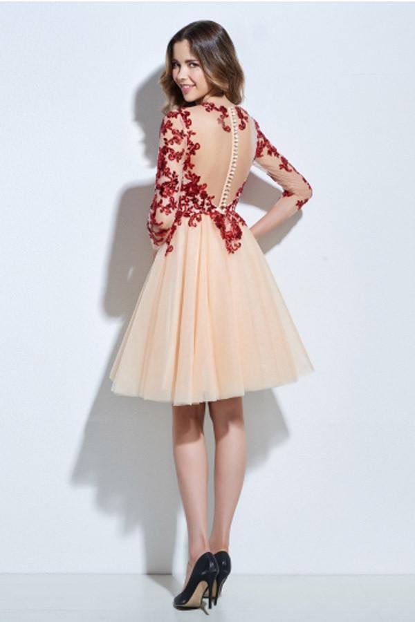 Scoop 3/4 Sleeve Appliques Sequins Knee-Length Cocktail Dress