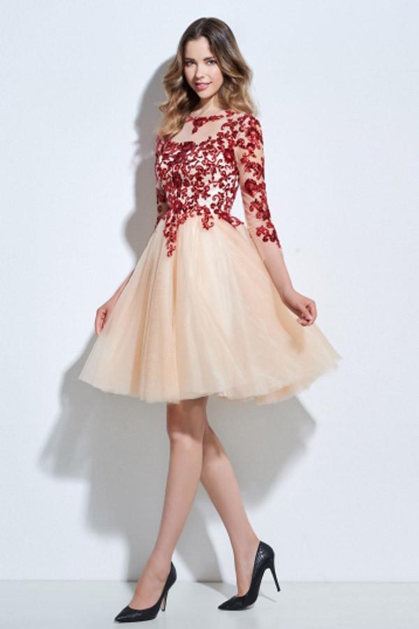 Scoop 3/4 Sleeve Appliques Sequins Knee-Length Cocktail Dress