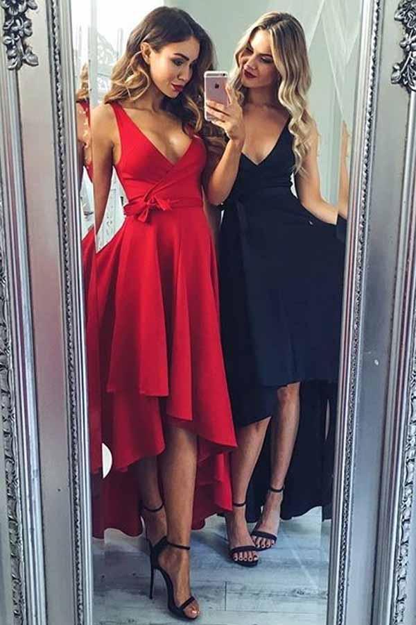 Sexy V-Neck High Low Long Homecoming Dress with Sash