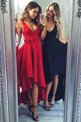 Sexy V-Neck High Low Long Homecoming Dress with Sash