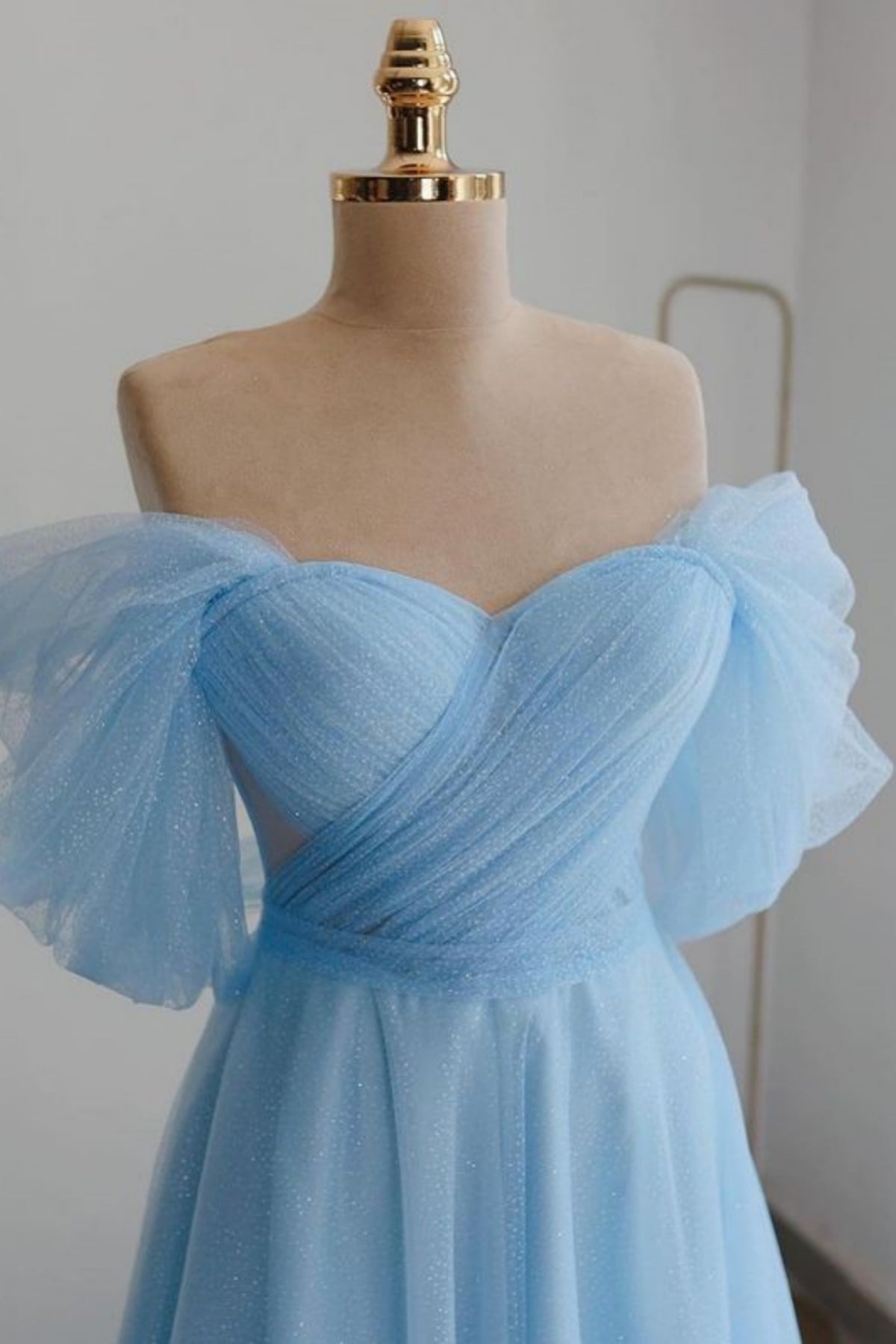 Tulle Off the Shoulder Light Blue Tea Length Prom Dress