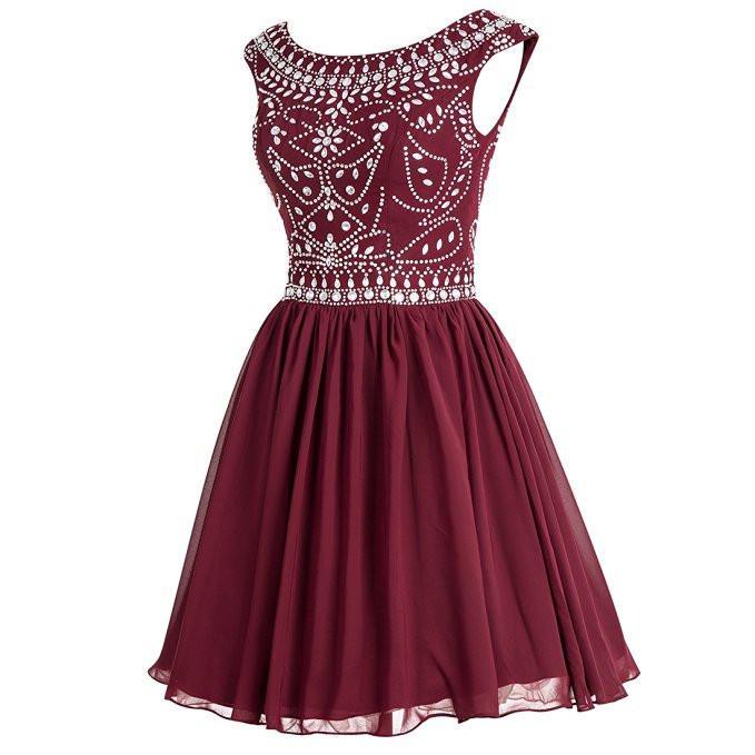 Short Beaded Chiffon Homecoming Dress with V-Back Prom Dress