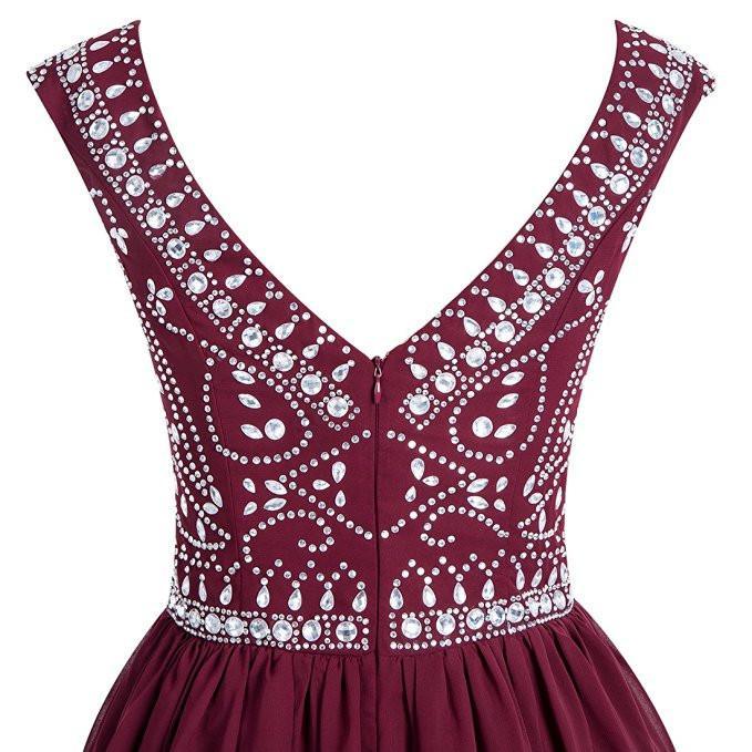 Short Beaded Chiffon Homecoming Dress with V-Back Prom Dress