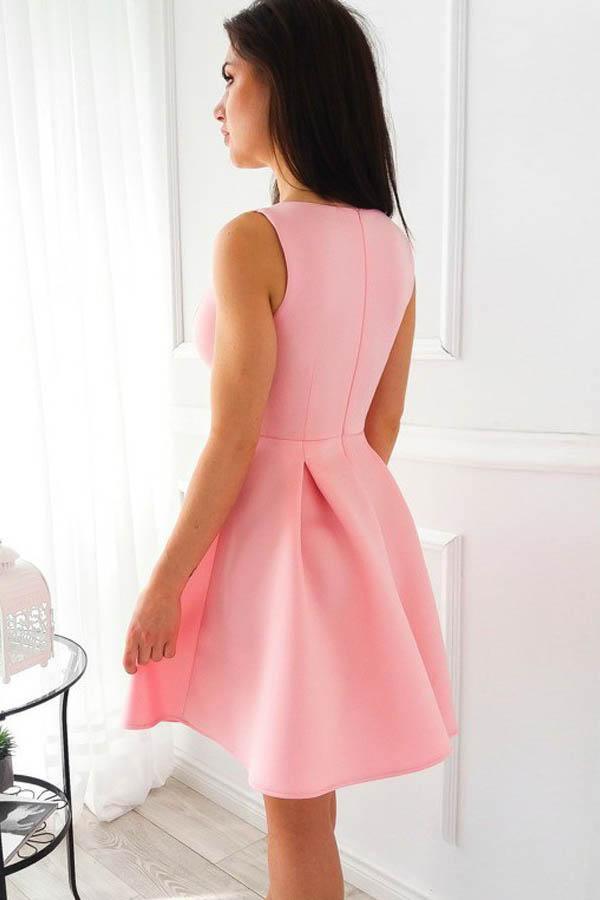 Simple A-Line V-Neck Short Pleated Pink Satin Homecoming Dress