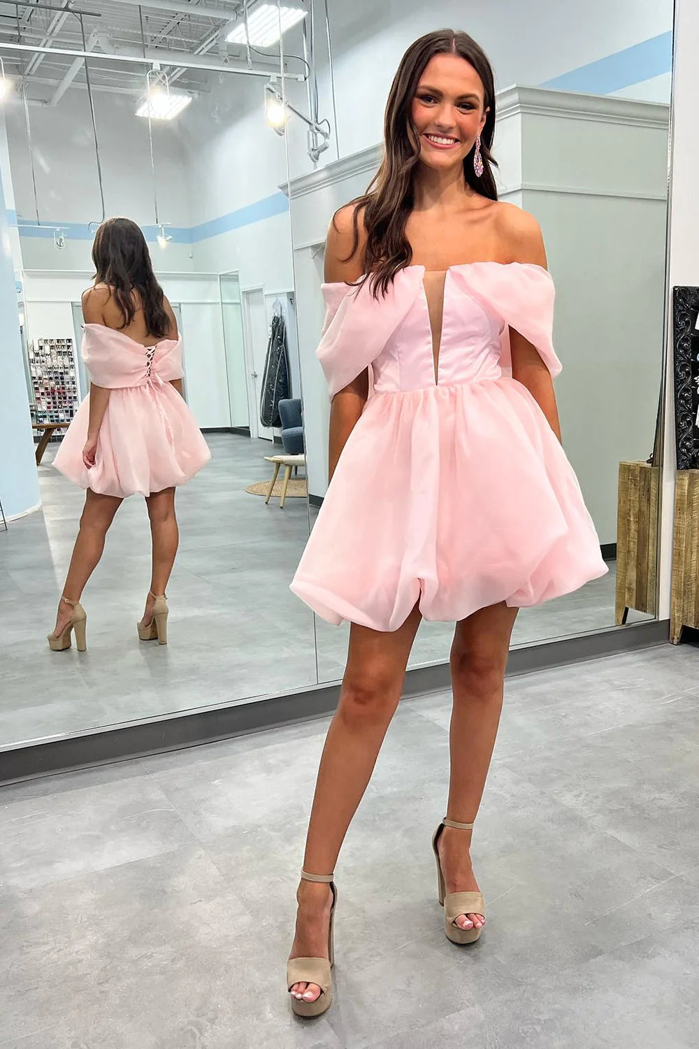Simple Cute Pink A-Line Off the Shoulder Short Homecoming Dress