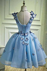 Sky Blue Homecoming Dress with Butterfly Appliques Short Party Dress