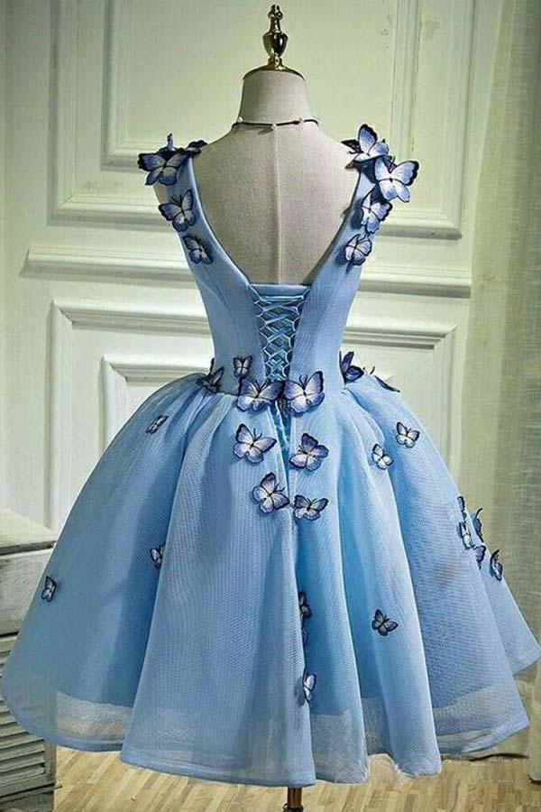 Sky Blue Homecoming Dress with Butterfly Appliques Short Prom Dress