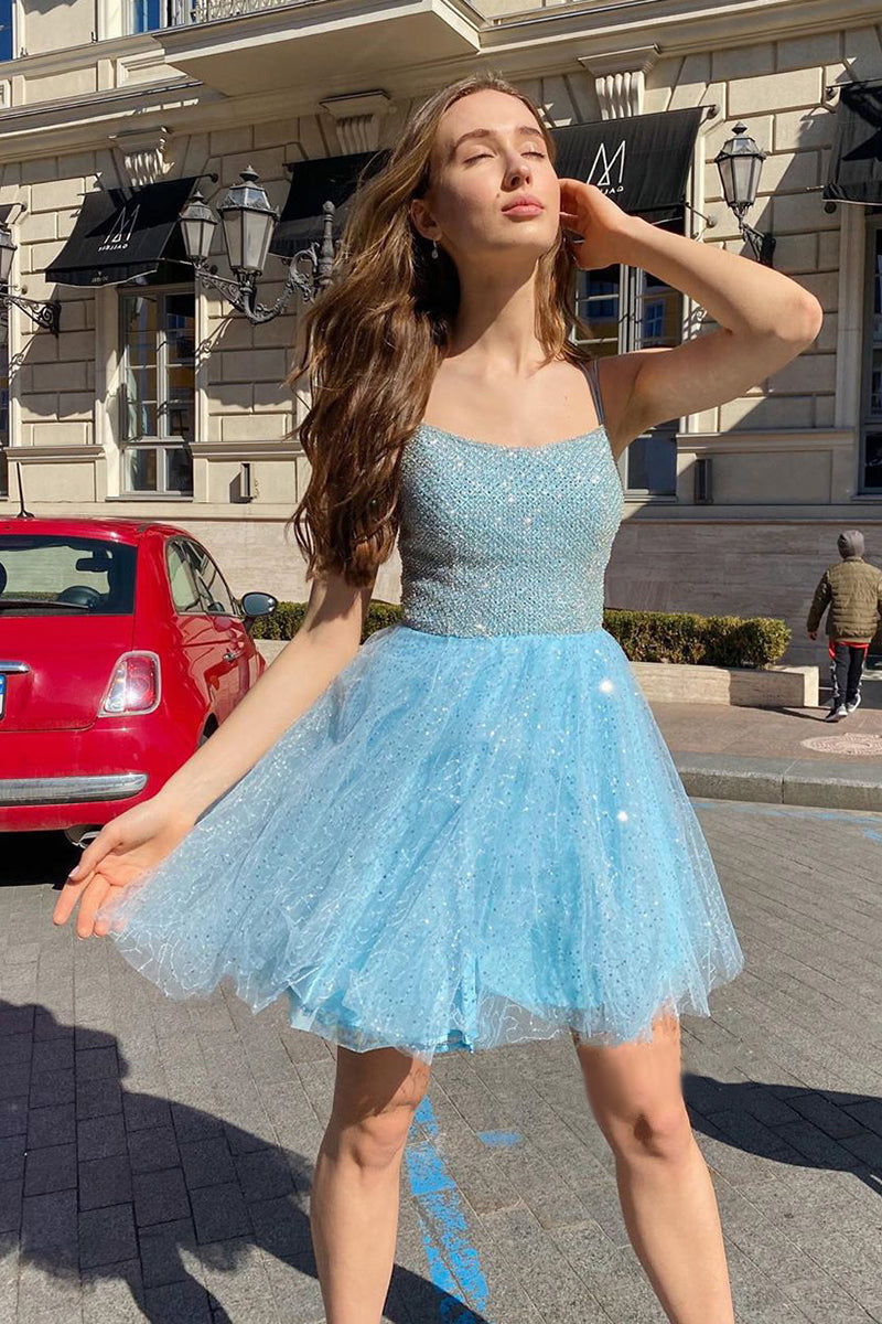 Baby Blue Sequins Lace Beaded Bodice Short Homecoming Dress