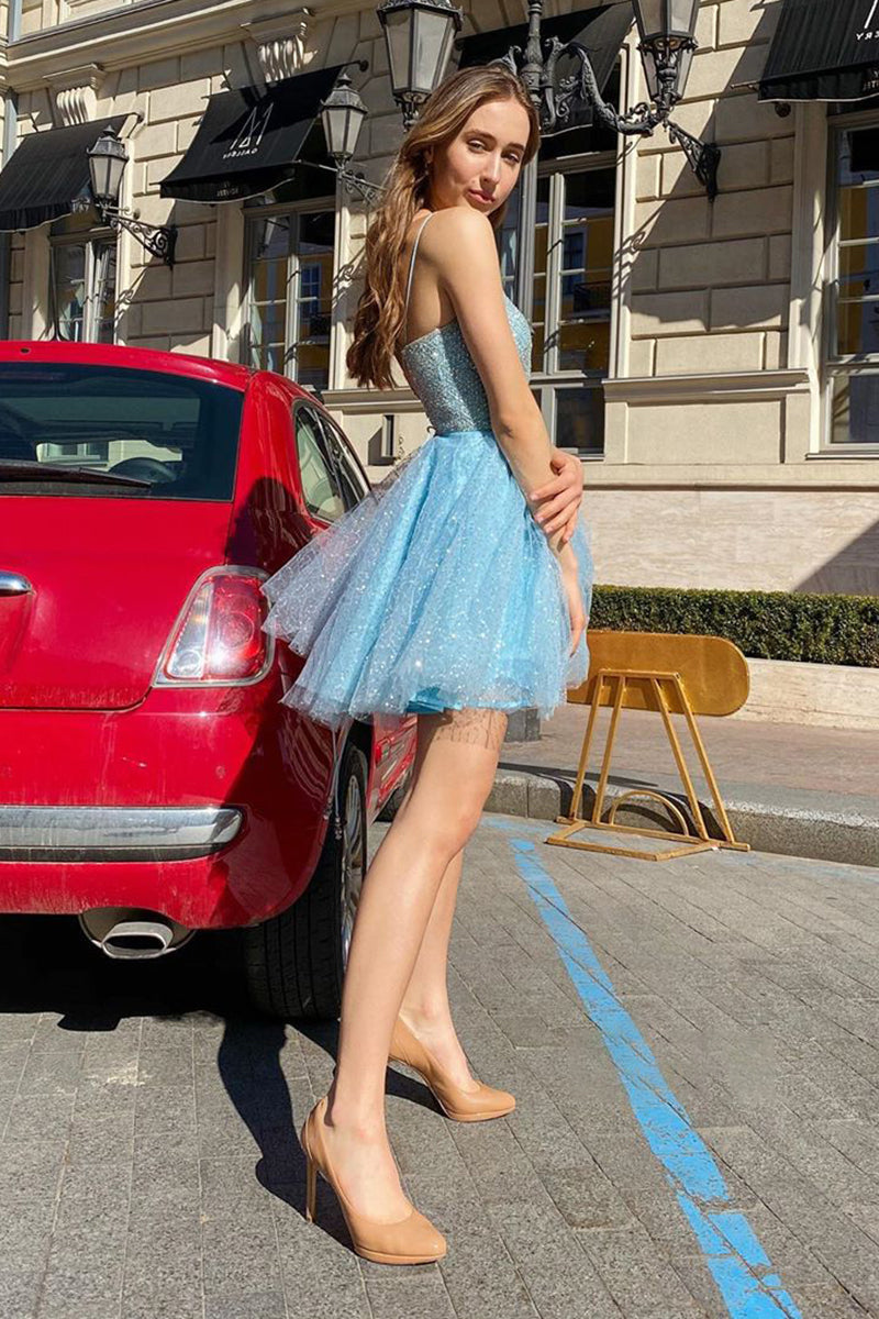 Baby Blue Sequins Lace Beaded Bodice Short Homecoming Dress