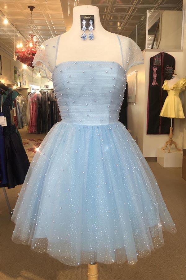 Sparkling Beaded Cap Sleeves Light Sky Blue Homecoming Dress