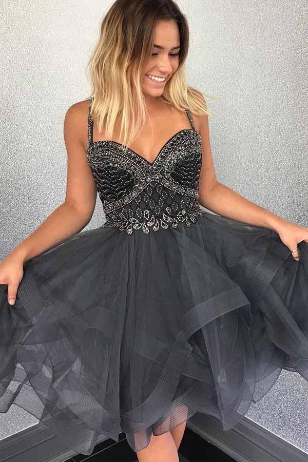 Sparkly Beaded Short Grey Tulle Homecoming Dress