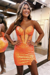 Sparkly Strapless  Bodycorn Sequin Short Homecoming Dress with Slit