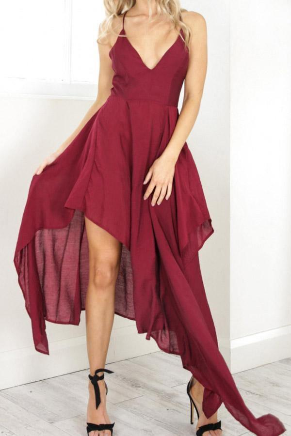 Straps V-Neck Burgundy High Low Party Dress Homecoming Dress