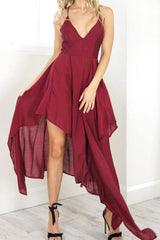 Straps V-Neck Burgundy High Low Party Dress Homecoming Dress