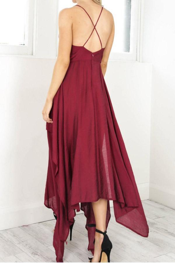 Straps V-Neck Burgundy High Low Party Dress Homecoming Dress