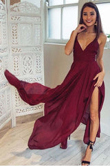 Straps V-Neck Burgundy High Low Party Dress Homecoming Dress