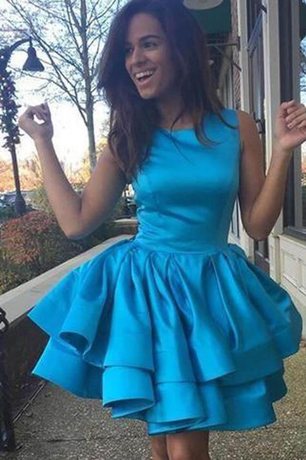 Tiered Skirt Yellow Satin Short Prom Dress Homecoming Dress
