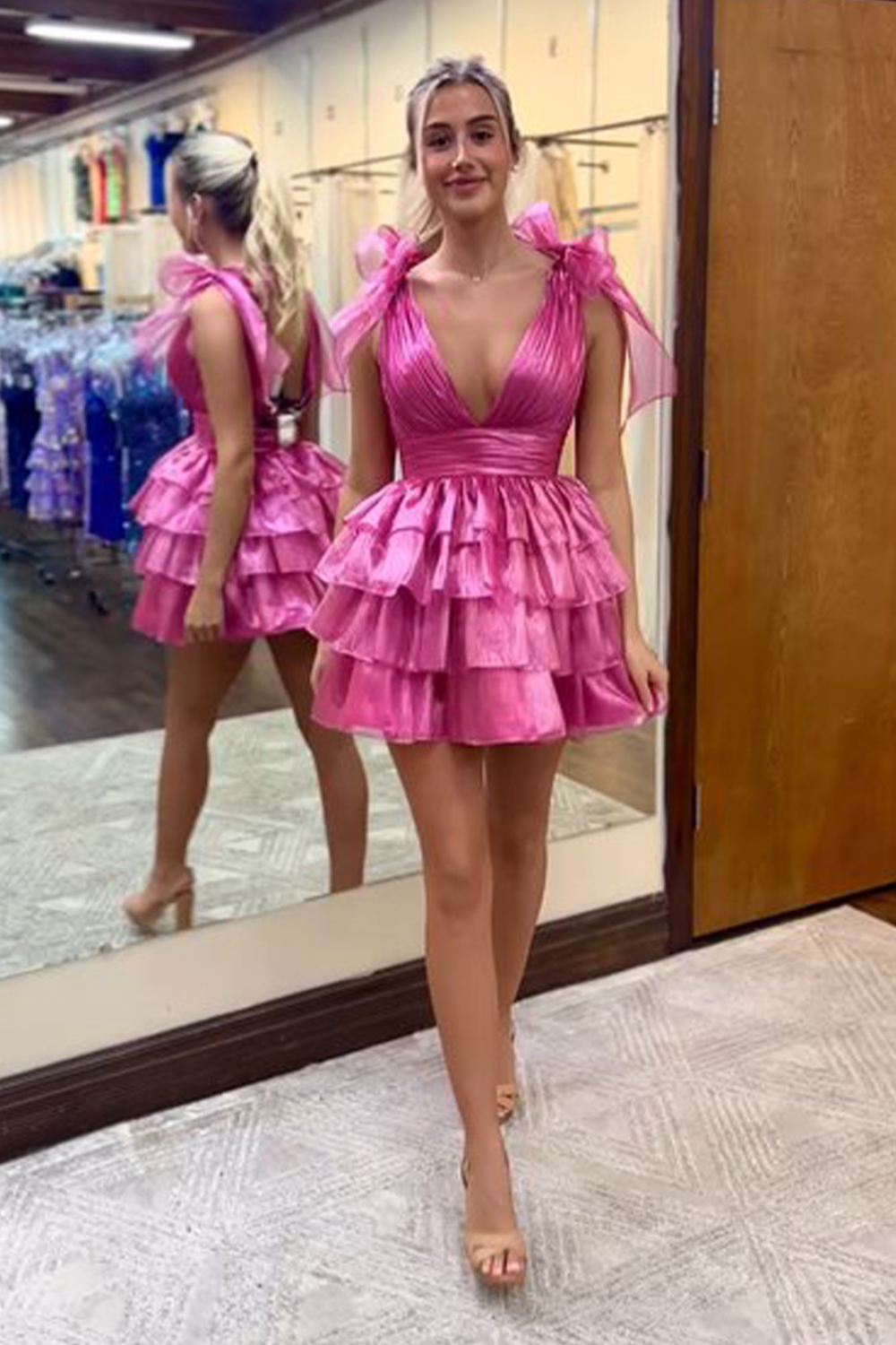 Cute Pink A-Line  Ruched Homecoming Dress with Bowtie