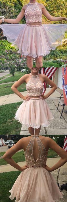 Two-Piece High Neck Beaded Short Homecoming Dress