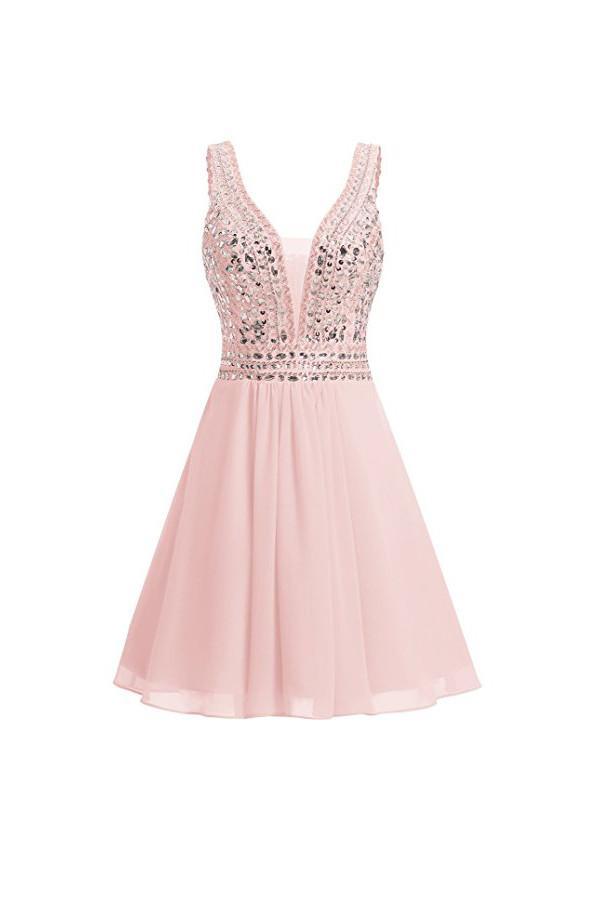 V-Neck Beaded Chiffon Homecoming Dress Short Prom Dress
