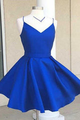 V-Neck Open Back Royal Blue Satin Homecoming Dress with Bowknot