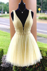 V-Neck Sparkling Beaded Sky Blue Short Prom Dress Homecoming Dress