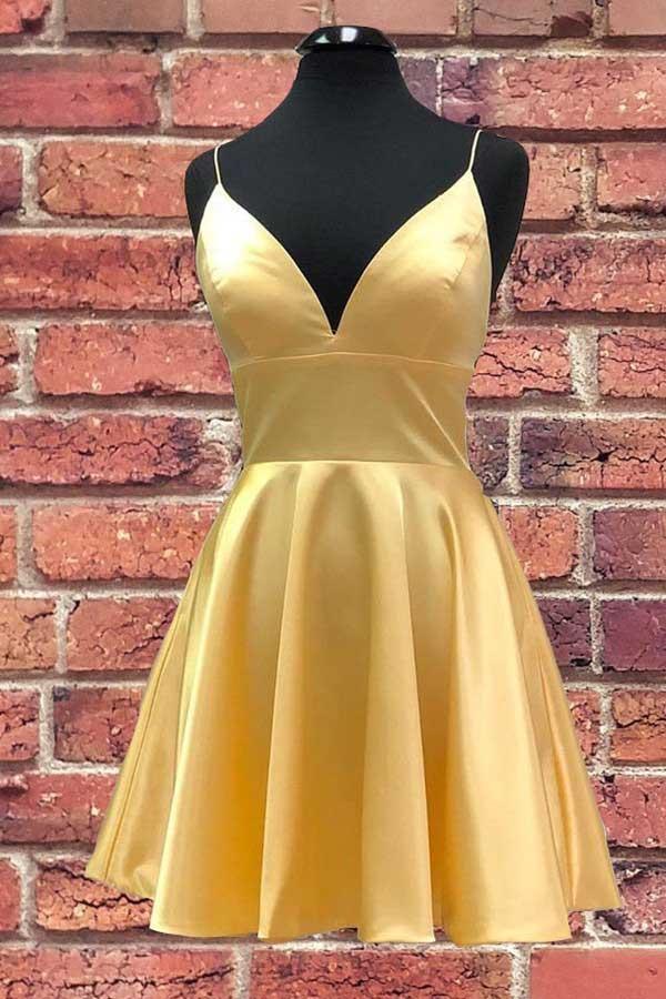 Yellow V-Neck Satin Straps Homecoming Dress Short Prom Dress
