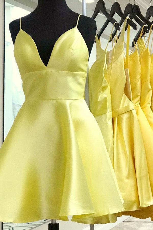 Yellow V-Neck Satin Straps Homecoming Dress Short Prom Dress