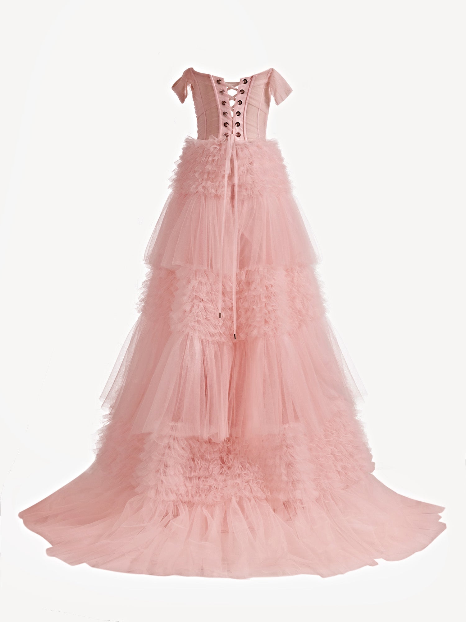 Blush Princess A line Off Shoulder Ruffled Tulle Prom Dress